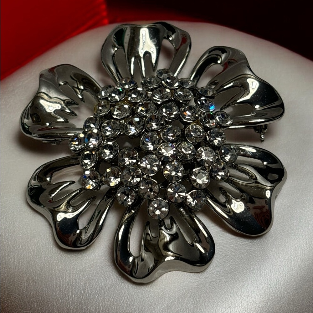 Silver Tone Crystal Floral Brooch 2-1/2”